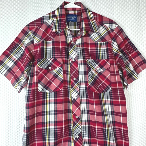 Vintage Wrangler Western Double Pocket Shirt Men Plaid Red Medium Retro Country - Picture 2 of 8
